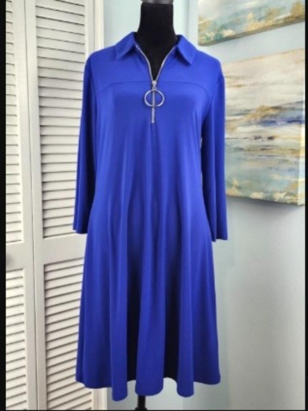 MSK Blue Dress M 1/4 zip Silver Detail Stretch Jersey Knit Travel